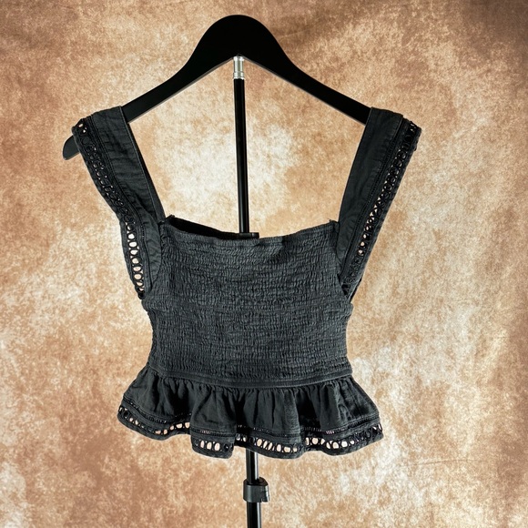 Princess Polly Tops - Princess Polly Black Smocked Peplum Crop Top Eyelet Strap Boho Size 4